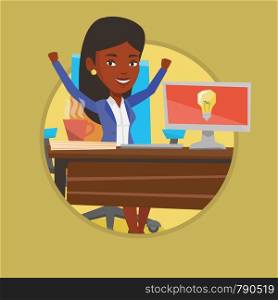 Businesswoman working on computer on a new business idea. Businesswoman having a business idea. Successful business idea concept. Vector flat design illustration in the circle isolated on background. Successful business idea vector illustration.