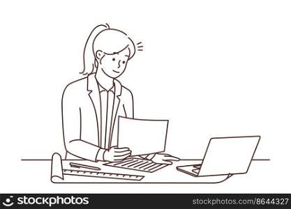 Businesswoman working on laptop in office. Female architect or engineer developing blueprint busy on computer. Vector illustration. . Female architect work on computer in office 