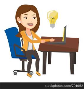 Businesswoman working on laptop on a new business idea. Caucasian happy woman having a business idea. Successful business idea concept. Vector flat design illustration isolated on white background.. Successful business idea vector illustration.