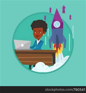 Businesswoman working on laptop on business start up and business start up rocket taking off behind her. Business start up concept. Vector flat design illustration in the circle isolated on background. Business start up vector illustration.