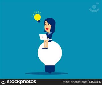 Businesswoman working on the bulb with idea, Concept business finance and industry, Freelance, Thinking, Computer and Technology.