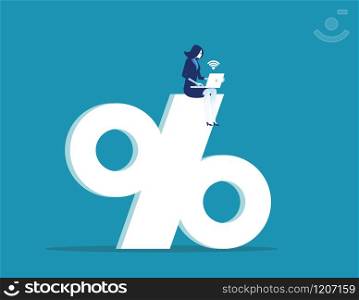 Businesswoman working on the large percentage sign. Concept business success vector illustration. Flat design style.