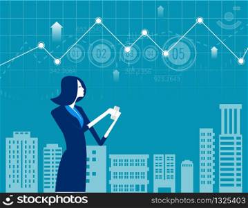 Businesswoman working online on smartphone. Concept business vector illustration. Technology with smartphone, Online marketing.