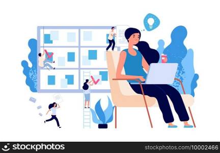 Businesswoman working. Self management, brainstorm vector concept. Business environment with flat tiny people characters. Businesswoman self work and organization illustration. Businesswoman working. Self management, brainstorm vector concept. Business environment with flat tiny people characters