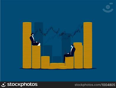 businesswoman working while sitting on different size of coins stack. and make money concept.