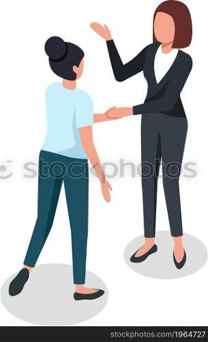 Businesswomen comminicate and deal, business characters isolated. Vector office woman cartoon, businesswoman meeting and agreement illustration. Businesswomen comminicate and deal, business characters isolated
