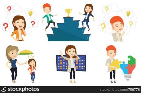 Businesswomen competing to get gold trophy. Competitive businesswomen running up for the winner cup. Business competition concept. Set of vector flat design illustrations isolated on white background.. Vector set of business characters.