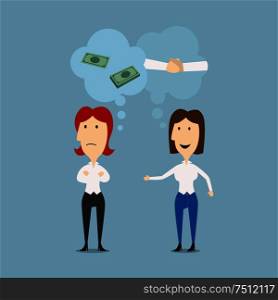 Businesswomen discuss details of partnership or contract with thought bubbles above them showing money and handshake. For business cooperation theme design. Cartoon flat style. Businesswomen discuss contract or business