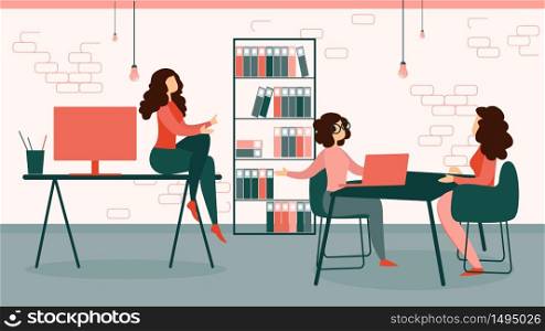 Businesswomen in Formal Suit Working in Modern Office Interior Area, Creative Team Employees Business Meeting, Worker Partners Sitting at Table, Corporate Relations. Cartoon Flat Vector Illustration. Businesswomen in Formal Suit Work in Modern Office