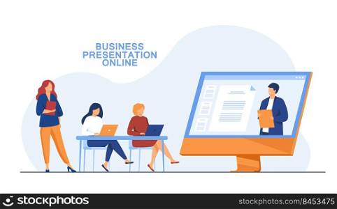 Businesswomen listening to presentation online. Screen, company, laptop flat vector illustration. Business meeting and communication concept for banner, website design or landing web page