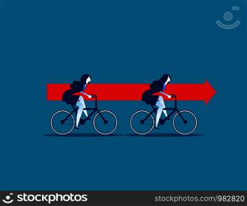 Businesswomen riding bikes and carrying red arrow. concept business vector.