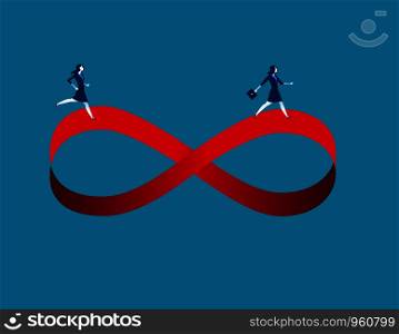 Businesswomen running on infinity symbol. Concept business image illustration. Vector cartoon and abstract.