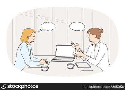 Businesswomen sit at desk talk brainstorm at office meeting. Female colleagues or business partners have negotiations or briefing. Empty copy space in speech bubble. Vector illustration. . Businesswomen talk discuss ideas at office meeting