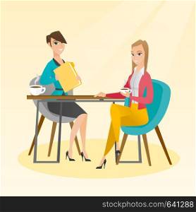 Businesswomen talking at a business meeting. Businesswomen drinking coffee at a business meeting. Two caucasian businesswomen during business meeting. Vector flat design illustration. Square layout.. Two businesswomen during business meeting.