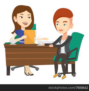 Businesswomen talking on business meeting. Women drinking coffee on business meeting. Two caucasian businesswomen during business meeting. Vector flat design illustration isolated on white background.. Two businesswomen during business meeting.