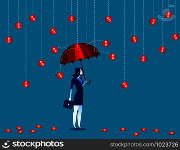 Businesswomen under a coin rain. Concept business vector illustration.