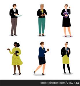Businesswomen with phones and papers. Vector office women walk and communicate - vector illustration. Businesswoman phone conversation, multitask businesspeople illustration. Businesswomen with phones and papers. Vector office women walk and communicate - vector illustration