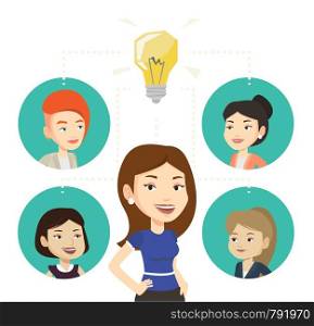 Businesswomen working at business ideas. Businesswomen discussing business ideas. Group of business people connected by one idea bulb. Vector flat design illustration isolated on white background.. Businesswomen discussing business ideas.