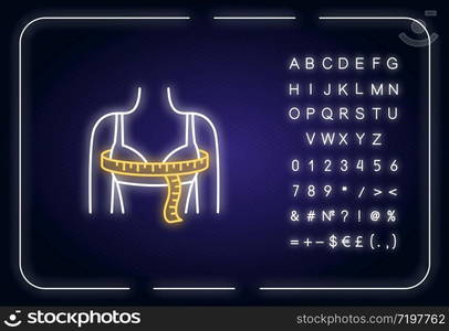 Bust circumference neon light icon. Outer glowing effect. Female upper body measurements, tailoring parameters sign with alphabet, numbers and symbols. Vector isolated RGB color illustration