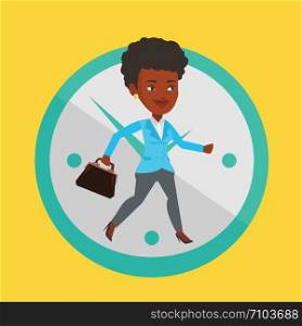 Busy african-american business woman running on the background with clock. Busy business woman in a hurry. Concept of deadline and busy time. Vector flat design illustration. Square layout.. Business woman running on clock background.