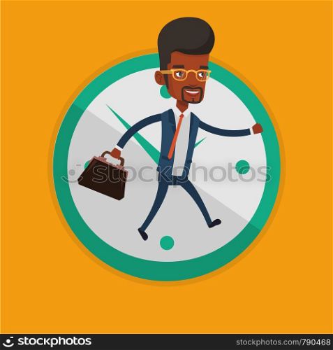 Busy african-american businessman running on the background of clock. Busy businessman in a hurry. Deadline and busy time concept. Vector flat design illustration in the circle isolated on background.. Businessman running on clock background.
