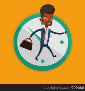 Busy african-american businessman running on the background of clock. Busy businessman in a hurry. Deadline and busy time concept. Vector flat design illustration in the circle isolated on background.. Businessman running on clock background.