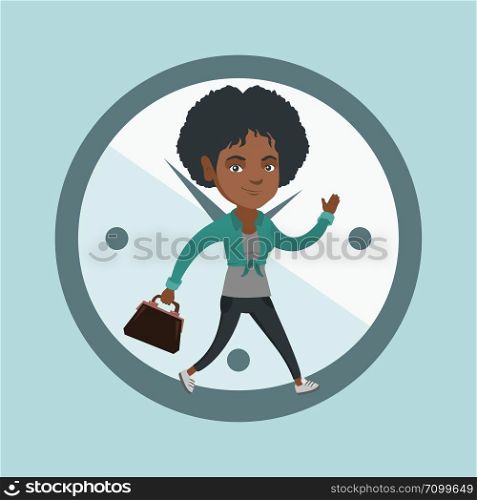 Busy african-american employee running on the background of clock. Young busy business woman walking in a hurry. Concept of deadline and busy time. Vector cartoon illustration. Square layout.. African employee running on clock background.
