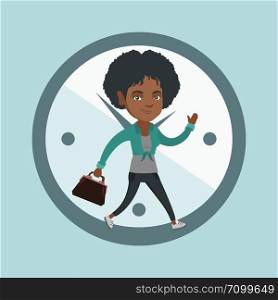 Busy african-american employee running on the background of clock. Young busy business woman walking in a hurry. Concept of deadline and busy time. Vector cartoon illustration. Square layout.. African employee running on clock background.