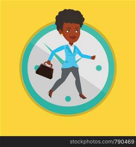 Busy african business woman running on the background with clock. Busy business woman in a hurry. Deadline and busy time concept. Vector flat design illustration in the circle isolated on background.. Business woman running on clock background.