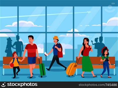 Busy airport terminal. Business travelers, family vacations travel and traveler waiting at airports terminals. People airport honeymoon travelling, airplane tourist or departure vector illustration. Busy airport terminal. Business travelers, family vacations travel and traveler waiting at airports terminals vector illustration
