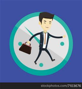 Busy asian business man running on the background with clock. Young busy business man running in a hurry. Concept of deadline and busy time. Vector flat design illustration. Square layout.. Business man running on clock background.