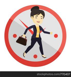 Busy asian business woman running on the background with clock. Busy business woman running in a hurry. Concept of deadline and busy time. Vector flat design illustration isolated on white background.. Business woman running on clock background.