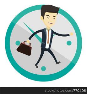 Busy asian businessman running on the background with clock. Young busy business man running in a hurry. Concept of deadline and busy time. Vector flat design illustration isolated on white background. Business man running on clock background.