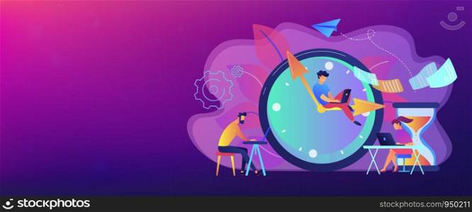 Busy business people with laptops hurry up to complete tasks at huge clock and hourglass. Deadline, project time limit, task due dates concept. Header or footer banner template with copy space.. Deadline concept banner header.