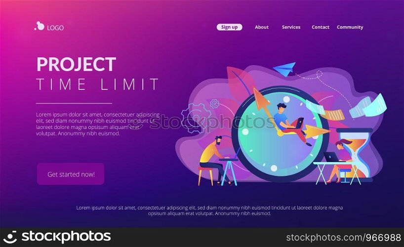 Busy business people with laptops hurry up to complete tasks at huge clock and hourglass. Deadline, project time limit, task due dates concept. Website vibrant violet landing web page template.. Deadline concept landing page.