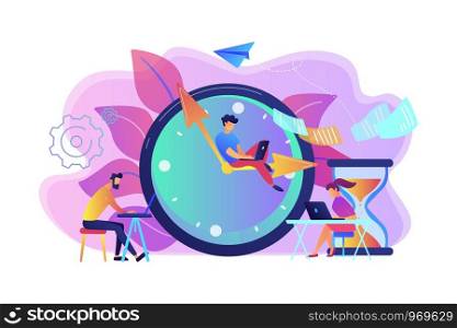 Busy business people with laptops hurry up to complete tasks at huge clock and hourglass. Deadline, project time limit, task due dates concept. Bright vibrant violet vector isolated illustration. Deadline concept vector illustration.