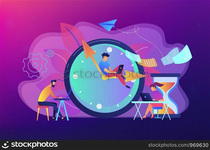 Busy business people with laptops hurry up to complete tasks at huge clock and hourglass. Deadline, project time limit, task due dates concept. Bright vibrant violet vector isolated illustration. Deadline concept vector illustration.