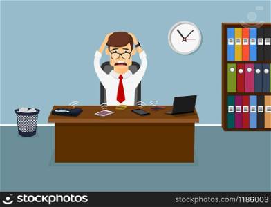 Busy businessman sitting at the table in the office and has a lot telephone calls at the same time. Cartoon flat style. Stressful businessman has a lot telephone calls