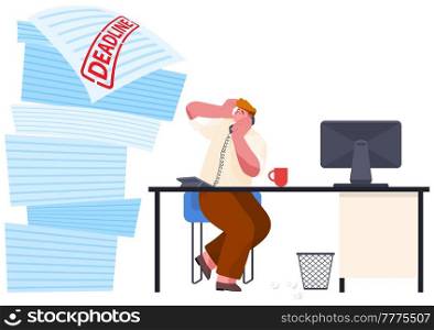 Busy businessman stressed due to excessive paperwork. Male employee performs work with documents to deal with deadlines in office. Man is talking on phone and looking at huge stack of tasks. Man is talking on phone and looking at huge stack of tasks to deal with deadlines at work