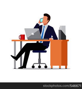 Busy businessman using phone and laptop in office at workplace, consulting client by smartphone, making call, vector illustration in flat style. Busy businessman using phone and laptop in office