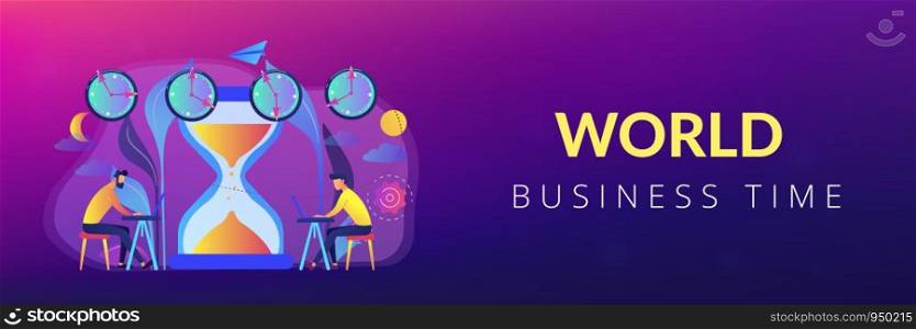 Busy businessmen with laptops near hourglass working in different time zones. Time zones, international time, world business time concept. Header or footer banner template with copy space.. Time zones concept banner header.