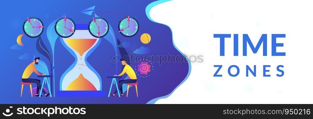 Busy businessmen with laptops near hourglass working in different time zones. Time zones, international time, world business time concept. Header or footer banner template with copy space.. Time zones concept banner header.