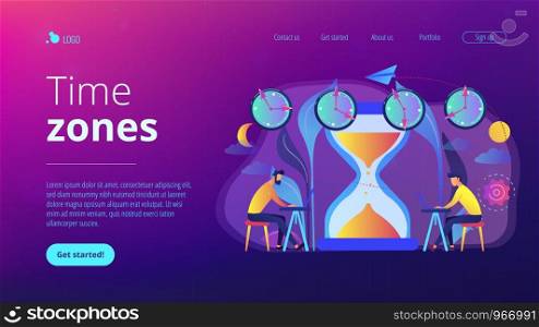 Busy businessmen with laptops near hourglass working in different time zones. Time zones, international time, world business time concept. Website vibrant violet landing web page template.. Time zones concept landing page.