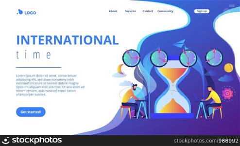 Busy businessmen with laptops near hourglass working in different time zones. Time zones, international time, world business time concept. Website vibrant violet landing web page template.. Time zones concept landing page.
