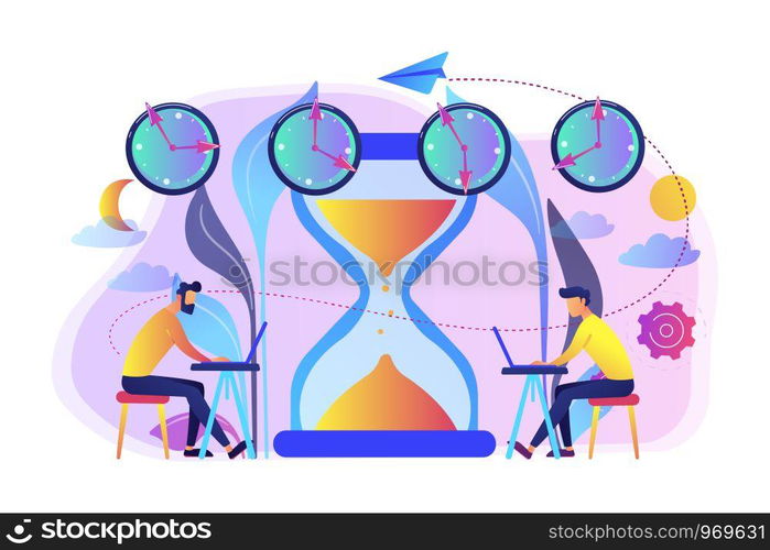 Busy businessmen with laptops near hourglass working in different time zones. Time zones, international time, world business time concept. Bright vibrant violet vector isolated illustration. Time zones concept vector illustration.