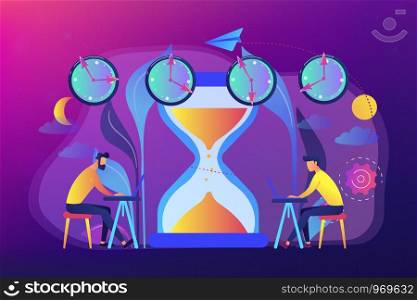 Busy businessmen with laptops near hourglass working in different time zones. Time zones, international time, world business time concept. Bright vibrant violet vector isolated illustration. Time zones concept vector illustration.