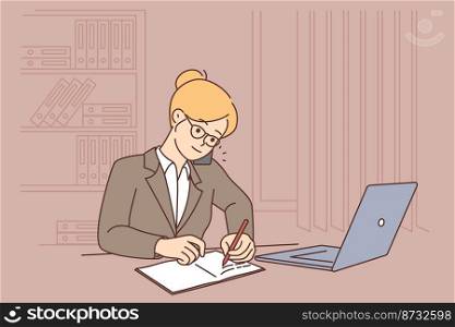 Busy businesswoman sit at desk work on computer talk on cellphone. Smiling female employee multitask in office. Vector illustration. . Businesswoman work on laptop talk on cell 