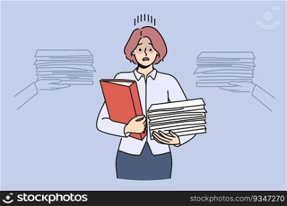 Busy businesswoman with pile of documents needs helper or secretary to do paperwork. Busy woman manager suffers from overabundance of reporting causing overload or professional burnout.. Busy businesswoman with pile of documents needs helper or secretary to do paperwork