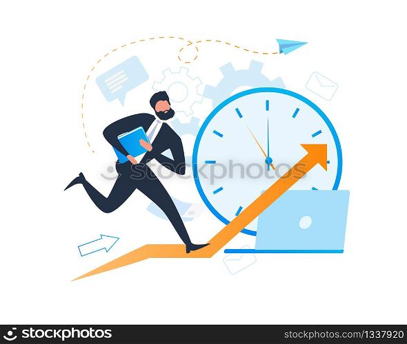 Busy Cartoon Businessman Character in Suit Run. Deadline Clock and Notebook Vector Illustration. Career Opportunity, Promotion, Forward Direction, Arrow Up. Financial Sucess, Leadership Male Manager. Busy Cartoon Businessman Character Deadline Clock