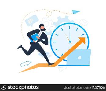 Busy Cartoon Businessman Character in Suit Run. Deadline Clock and Notebook Vector Illustration. Career Opportunity, Promotion, Forward Direction, Arrow Up. Financial Sucess, Leadership Male Manager. Busy Cartoon Businessman Character Deadline Clock